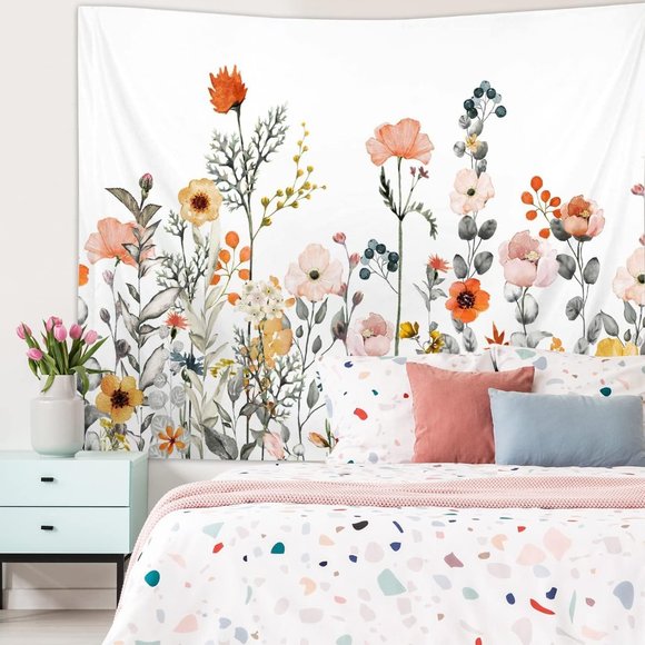 White Flower Garden Floral Tapestry Botanical Orange Flowers Leaves Wall Art New